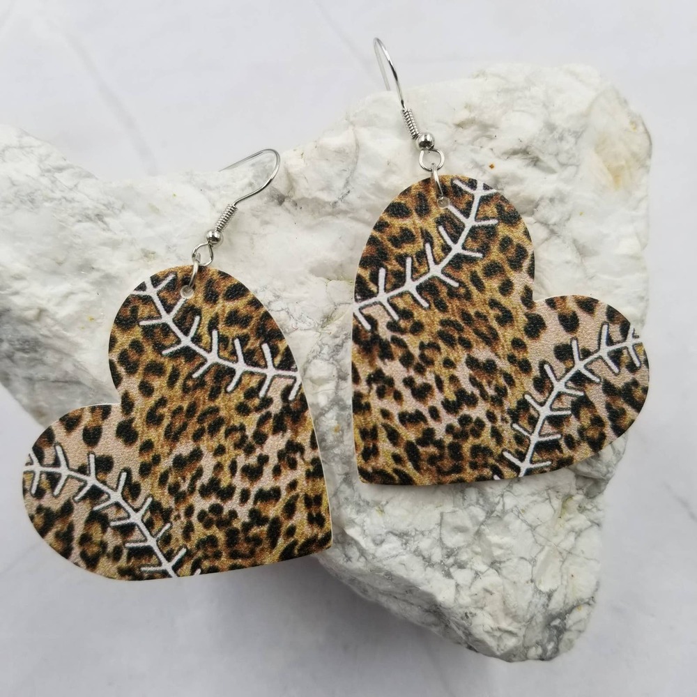 Sports Baseball Leopard Heart Dangle Earrings